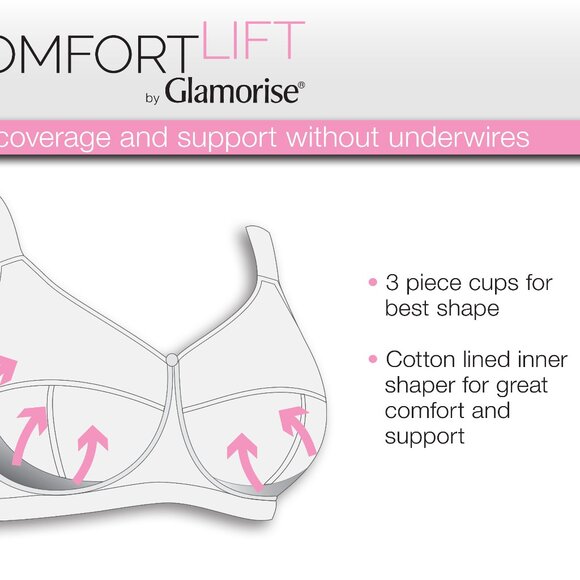 Set Of 3! 44DD Glamorise COMFORT LIFT Bra (COTTON-LINED) Wireless LACE WHITE NEW - Picture 10 of 16